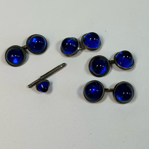 Vintage Other - Vintage Two Pairs + Cobalt Blue Glass Chain Link Cufflinks Domed Art Deco